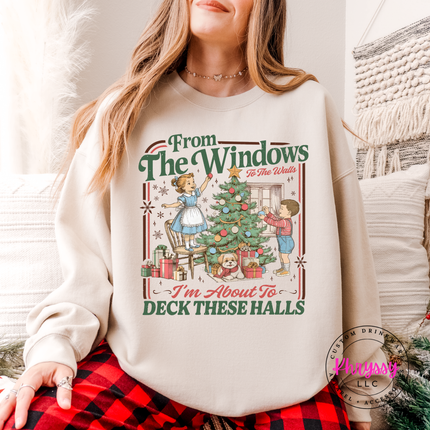 Sand crewneck sweatshirt with the I'm about to deck these halls holiday graphic
