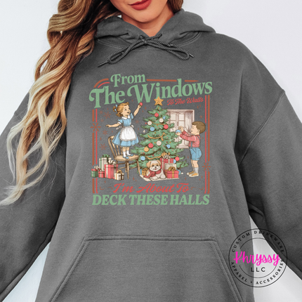Charcoal hoodie with the retro Christmas kids decorating the tree print