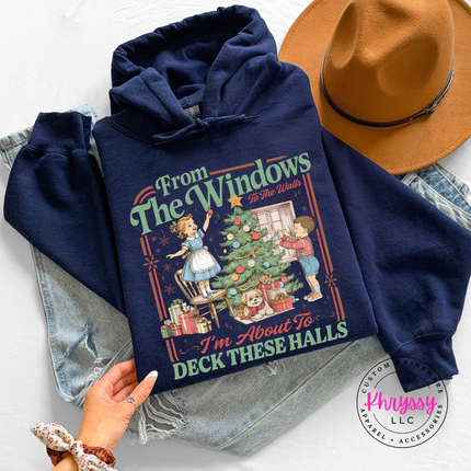 Navy hoodie with the From The Windows To The Walls Christmas graphic