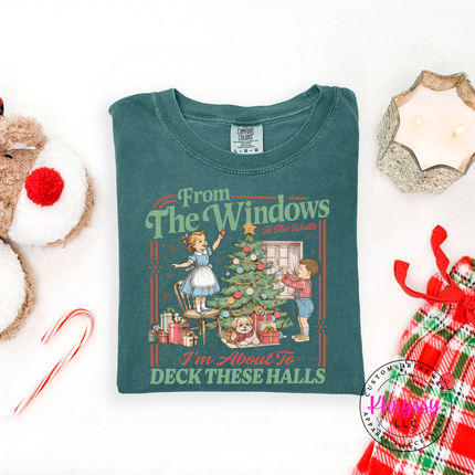 Blue Spruce tee with the retro Christmas kids decorating the tree print