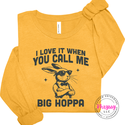 Heather Mustard long sleeve tee with the cool bunny with a bow tie graphic