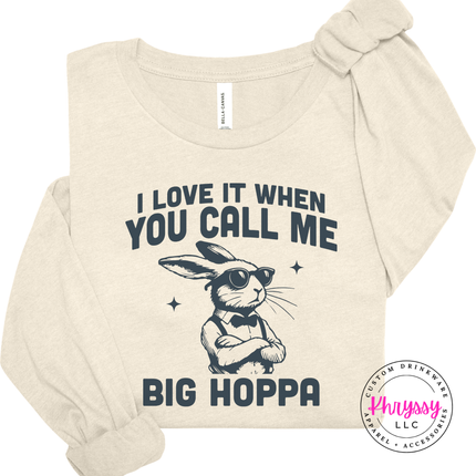 Heather Natural long sleeve tee with the big hoppa cool bunny in sunglasses graphic