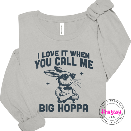 Silver long sleeve tee with the big hoppa cool bunny in sunglasses graphic