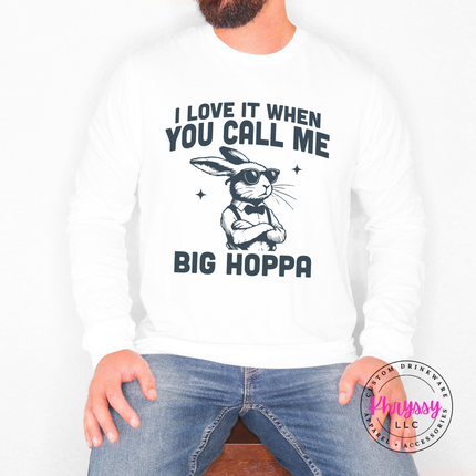 White long sleeve tee with the funny big hoppa bunny design