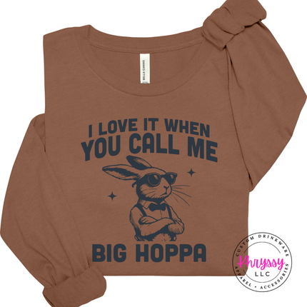 Dark Brown Bella Canvas tee with funny Call Me Big Hoppa bunny print.