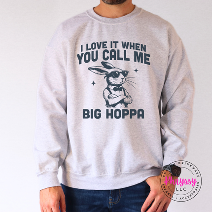 Ash crewneck sweatshirt with the big hoppa cool bunny in sunglasses graphic
