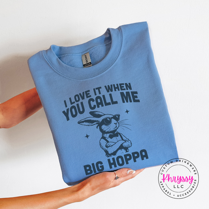 Carolina Blue crewneck sweatshirt with the funny big hoppa bunny design