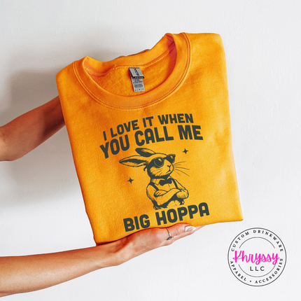Gold crewneck sweatshirt with the call me big hoppa print