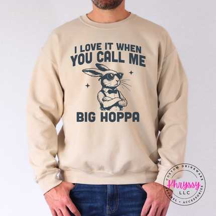 Sand crewneck sweatshirt with funny Big Hoppa bunny graphic print.