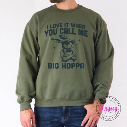 Military Green crewneck sweatshirt with the funny big hoppa bunny design
