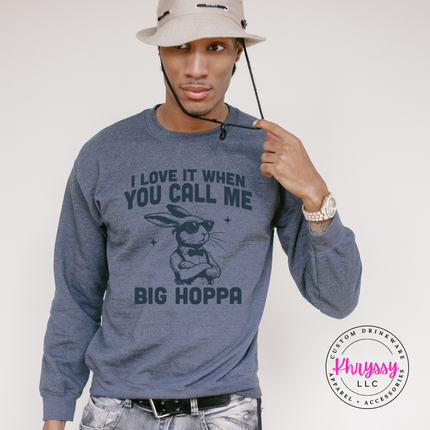 Dark Gray crewneck sweatshirt with funny Big Hoppa bunny print design.