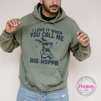 Military Green pullover hoodie with quirky bow-tie bunny graphic print.