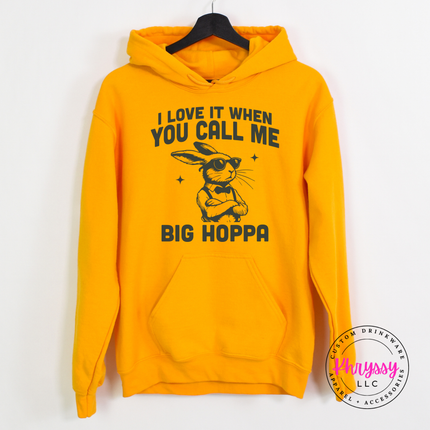 Gold hoodie with the call me big hoppa print