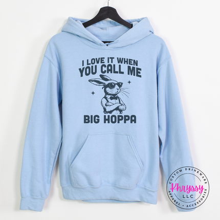 Light Blue hoodie with the big hoppa cool bunny in sunglasses graphic