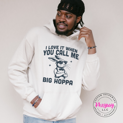 Sand hoodie featuring funny Call Me Big Hoppa bunny print.