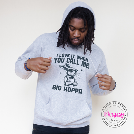 ash crewneck sweatshirt with funny Big Hoppa bunny graphic print.
