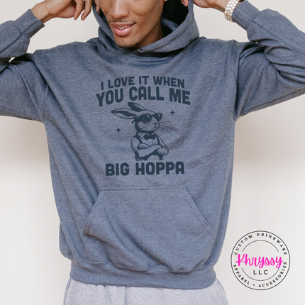 Dark grey hoodie printed with a playful bunny pun graphic.
