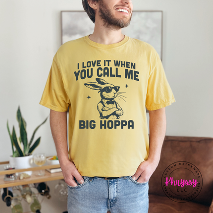 Butter blue Comfort Colors t-shirt with playful Big Hoppa bunny design.