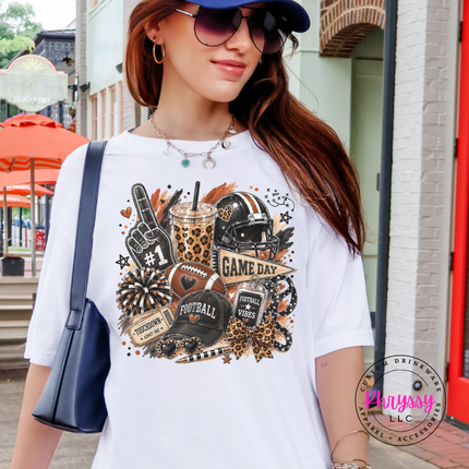 White tee with the leopard football game day design