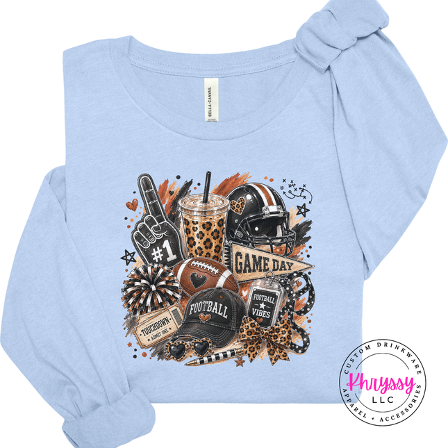 Baby Blue long sleeve tee with the leopard football game day design