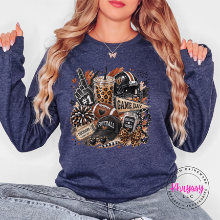 Heather Navy long sleeve tee with the leopard football game day design