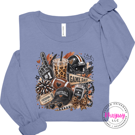 Lavender Blue long sleeve tee with the football vibes game day collage print
