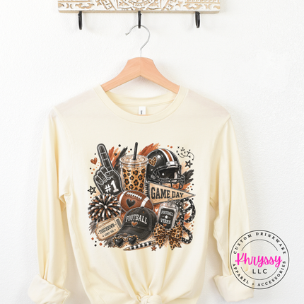 Natural long sleeve tee with the leopard football game day design