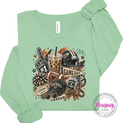 Mint long sleeve tee with the game day football collage graphic