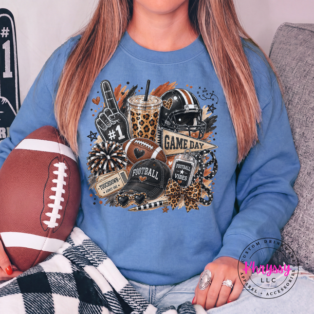 Carolina Blue crewneck sweatshirt with the game day football collage graphic