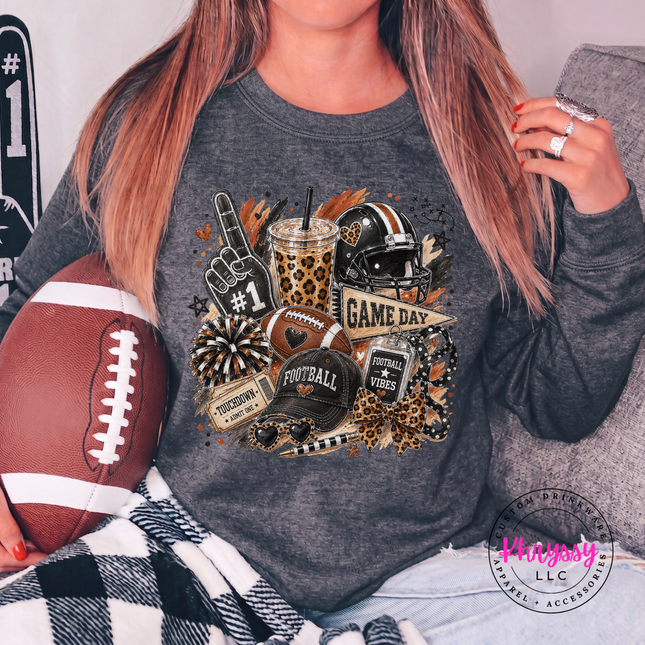Dark Heather crewneck sweatshirt with the leopard football game day design