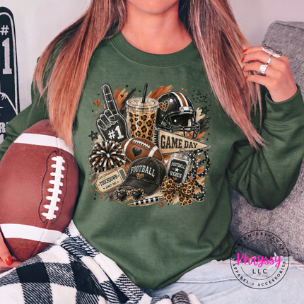Military Green crewneck sweatshirt with the game day football collage graphic