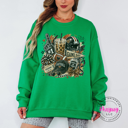 Irish Green crewneck sweatshirt with the football vibes game day collage print