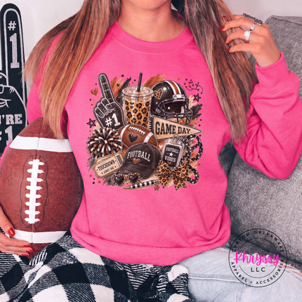 Safety Pink crewneck sweatshirt with the football vibes game day collage print