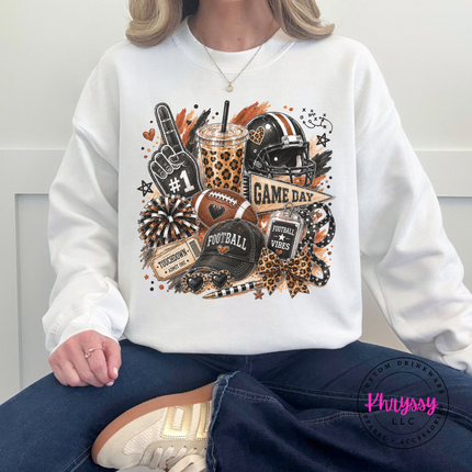 White crewneck sweatshirt with the leopard football game day design