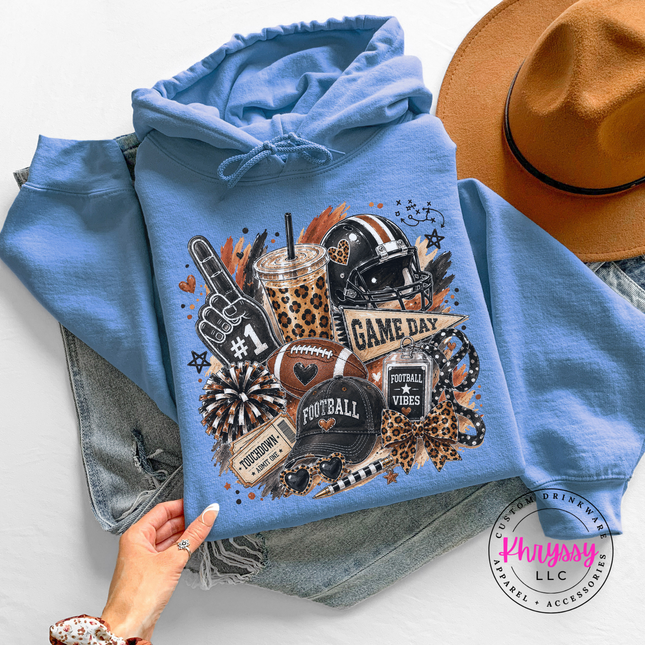 Carolina Blue crewneck sweatshirt with the game day football collage graphic