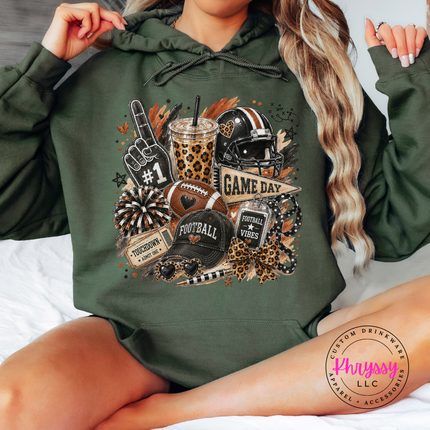Military Green hoodie with the football vibes game day collage print