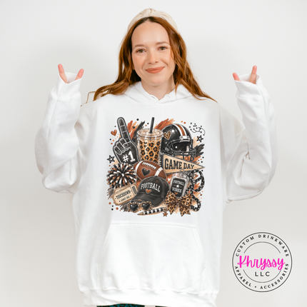 White hoodie with the leopard football game day design