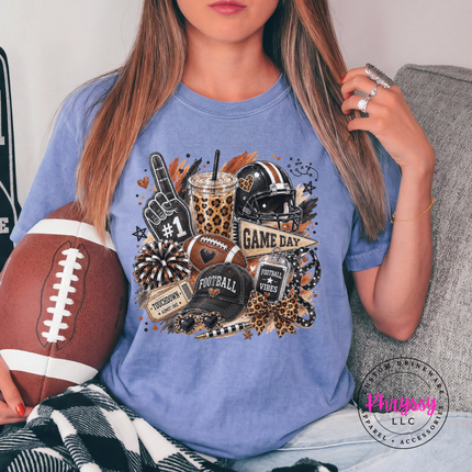 Blue Jean tee with the game day helmet and leopard cup graphic