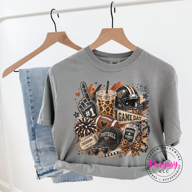 Gray tee with the leopard football game day design