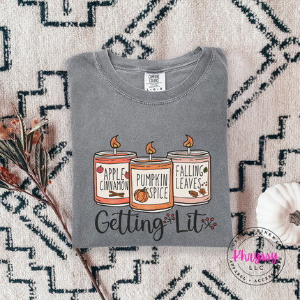 Gray tee with the cozy fall candles script graphic