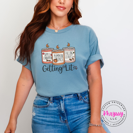 Ice Blue tee with the pumpkin spice and apple cinnamon candles design