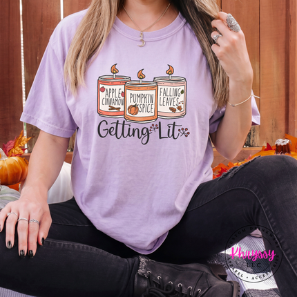 Orchid tee with the cozy fall candles script graphic