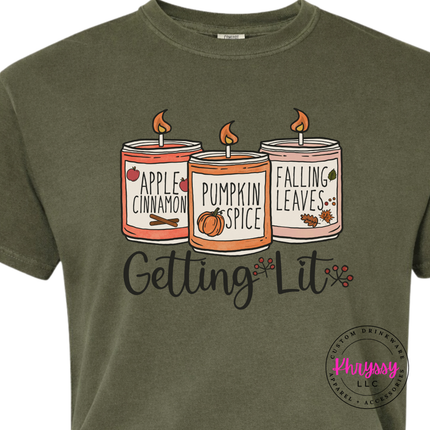 White tee with the pumpkin spice and apple cinnamon candles design