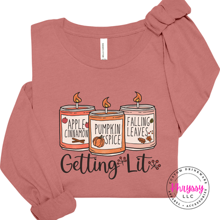 Mauve colored top with a hand-illustrated candle print.