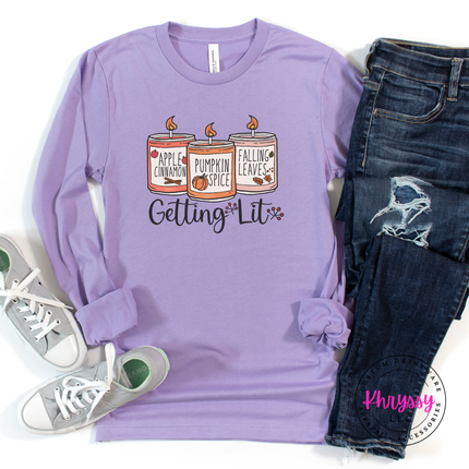 Dark Lavender colored tee with a playful fall candle illustration.