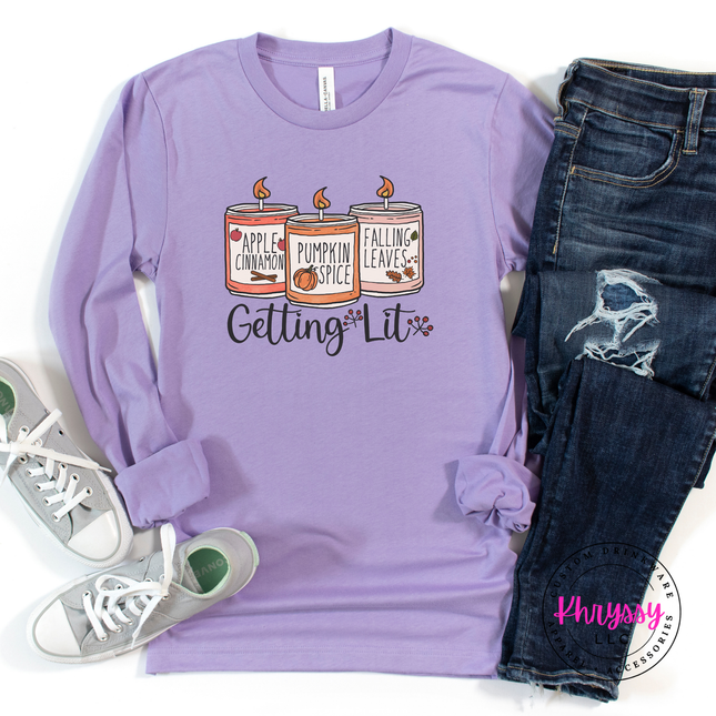 Dark Lavender colored tee with a playful fall candle illustration.