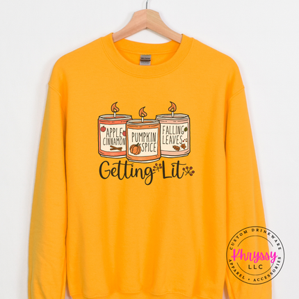 Gold crewneck sweatshirt with the pumpkin spice and apple cinnamon candles design