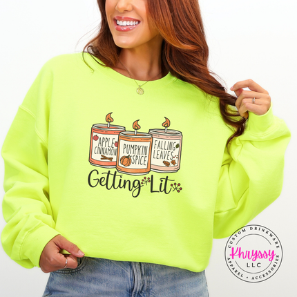 Safety Green crewneck sweatshirt with the pumpkin spice and apple cinnamon candles design