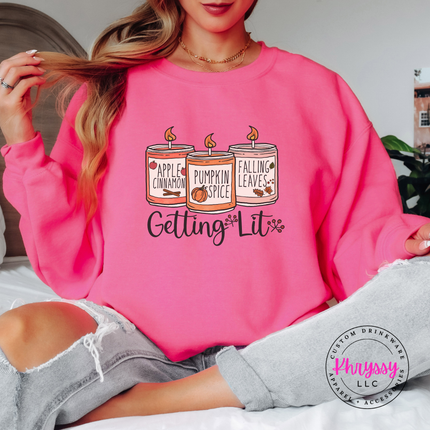 Safety Pink crewneck sweatshirt with the funny getting lit candle lover print
