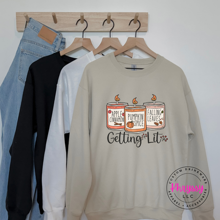 Sand crewneck sweatshirt with the cozy fall candles script graphic